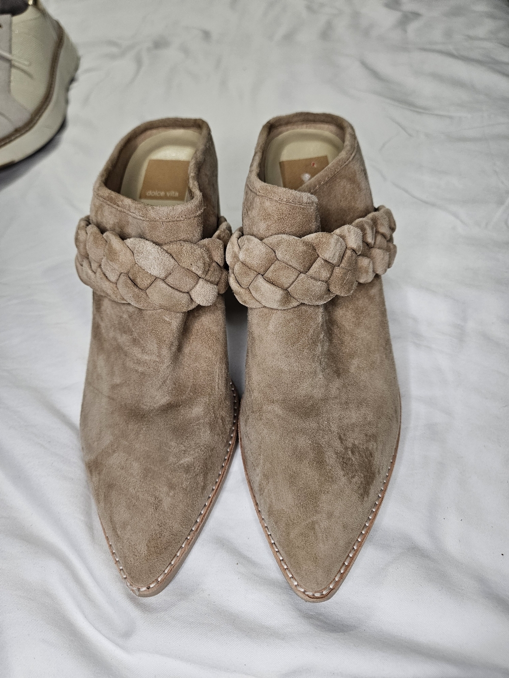 Dolce Vita Beige Suede Braided-Strap Pointed Mules
